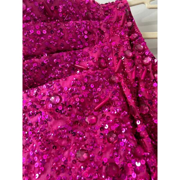 Mac Duggal Hot Pink Beaded Sequined Puff Sleeve One Shoulder Gown Dress Size 10 - Picture 10 of 16